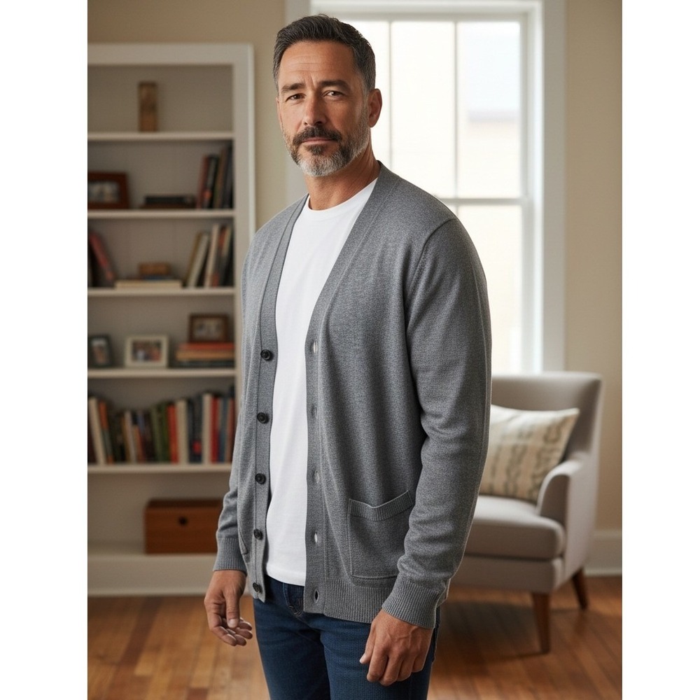 GAP Gray V-Neck Button Front Mens Cardigan Sweater Sz‎ M Elbow Patch Preppy